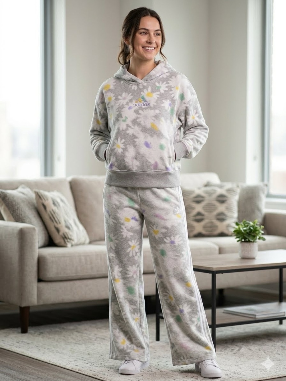 adidas set Light Gray Hoodie with Pastel Speckle Accents and Bottoms